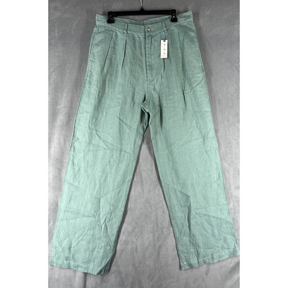 Denimist Double Pleat Wide-Leg Pants Size 29 Green 100% Linen